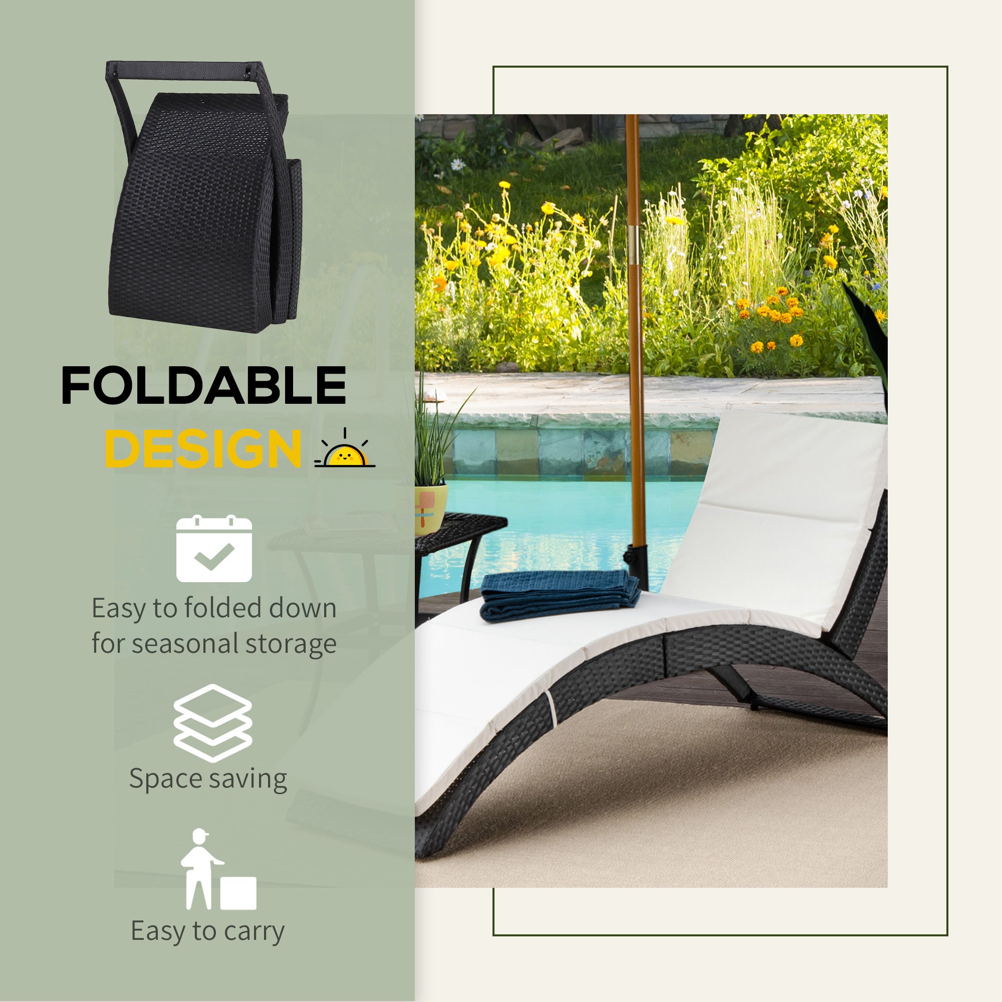 Outsunny Outdoor Foldable PE Rattan Sun Lounger with Soft Padded Cushion, Ergonomic Curved Design Sun Bed for Balcony, Garden, Black 