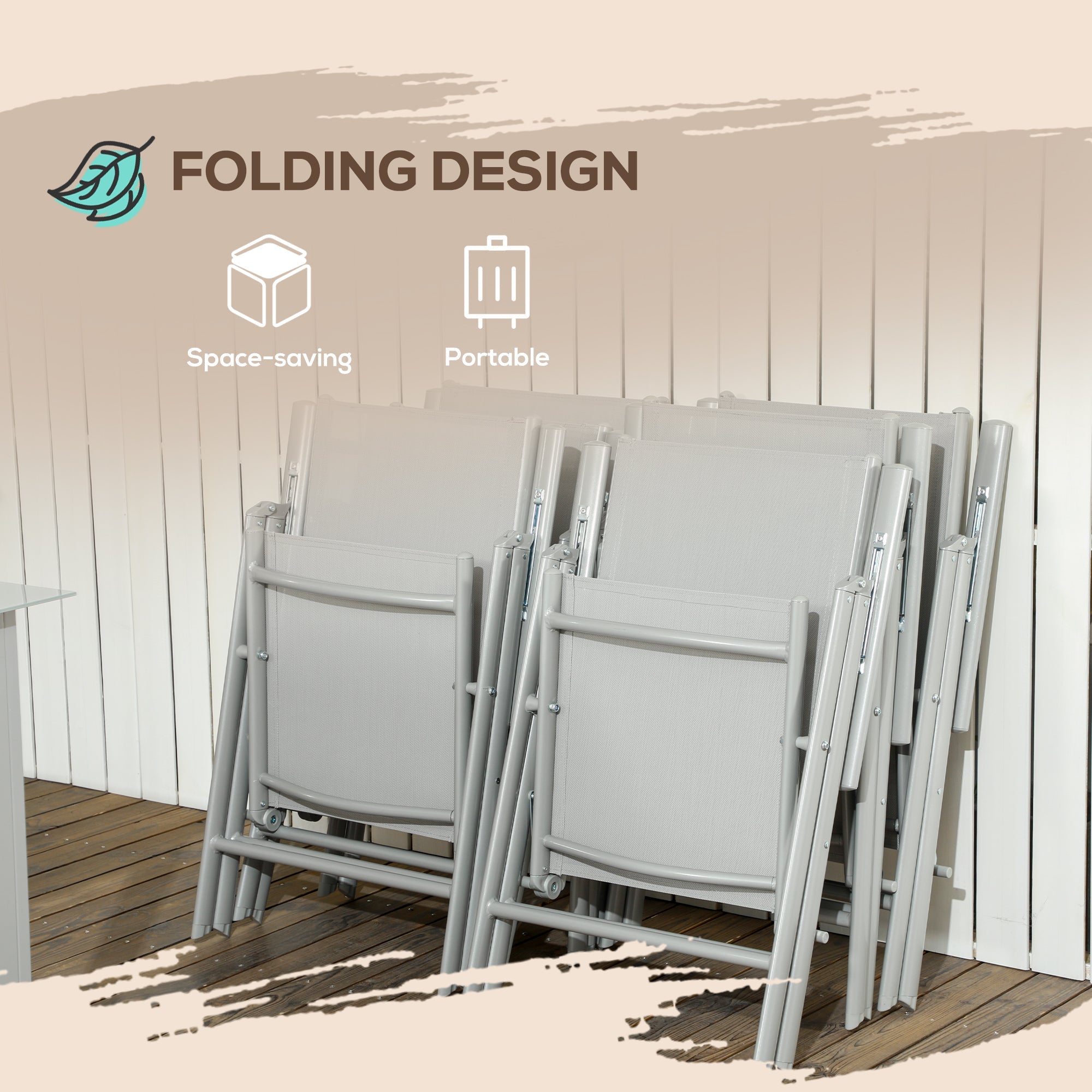 Outsunny 7 Piece Garden Dining Set, Outdoor Table and 6 Folding and Reclining Chairs, Aluminium Frame, Tempered Glass Top Table, Texteline Seats, Grey 