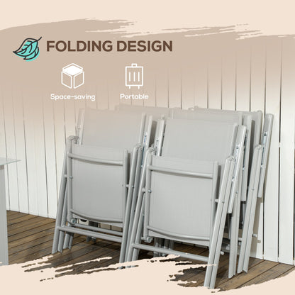 Outsunny 7 Piece Garden Dining Set, Outdoor Table and 6 Folding and Reclining Chairs, Aluminium Frame, Tempered Glass Top Table, Texteline Seats, Grey 