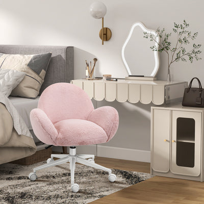 HOMCOM Makeup Vanity Chair, Cute Fluffy Desk Chair with Rolling Wheels for Bedroom Living Room, Pink 