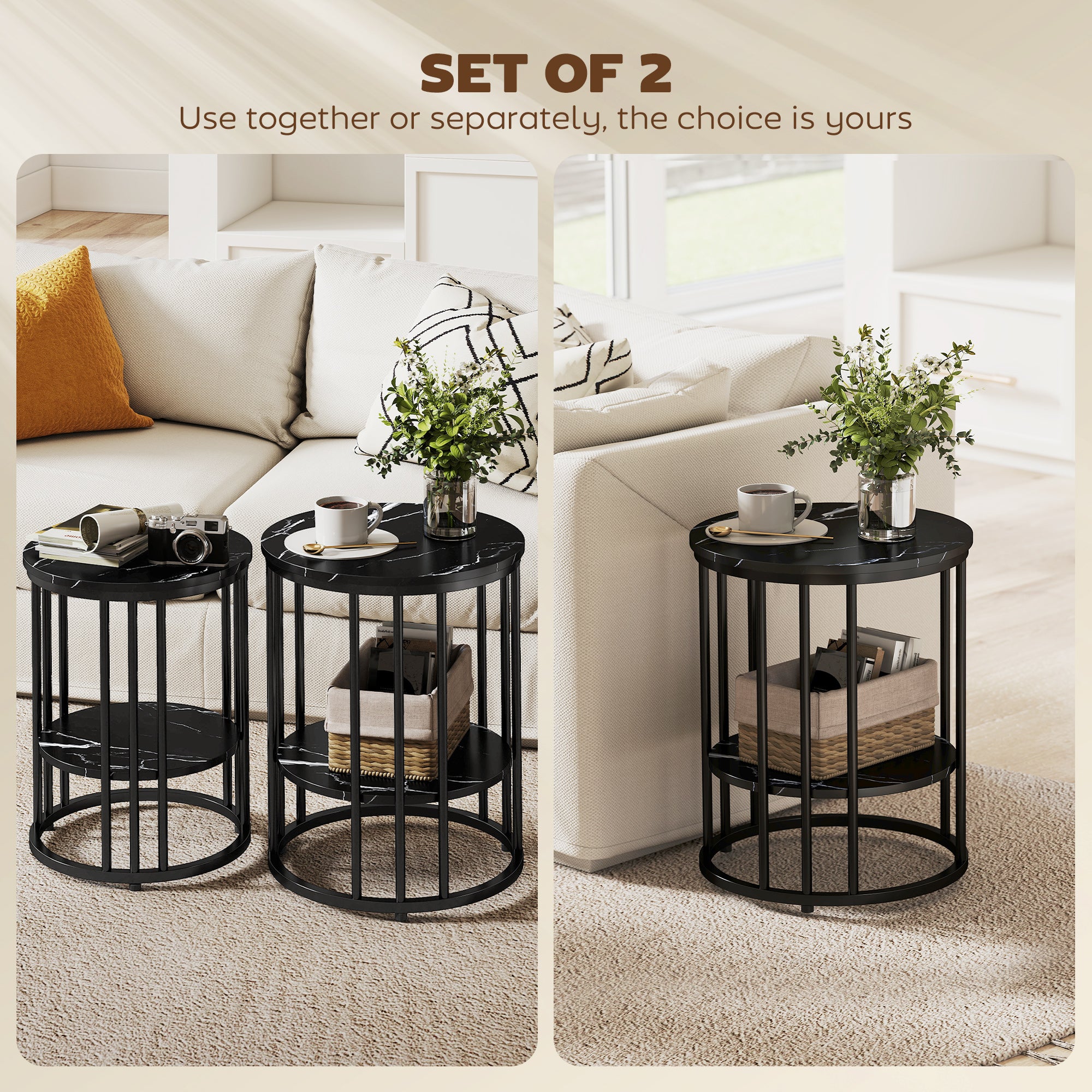 HOMCOM Set of Two Marble-Effect Coffee Tables - Black 