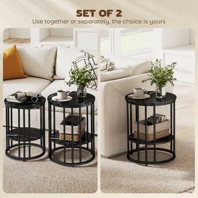 HOMCOM Set of Two Marble-Effect Coffee Tables - Black 