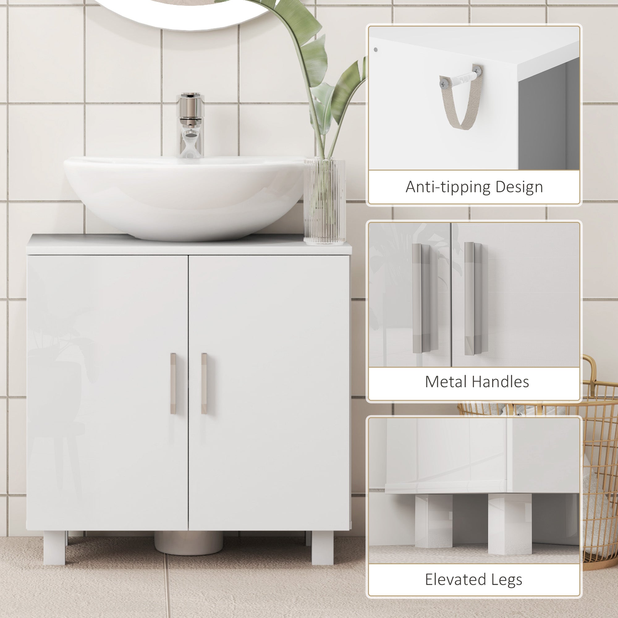 HOMCOM Bathroom Under Sink Cabinet for Basin without or with Pedestal - High Gloss White