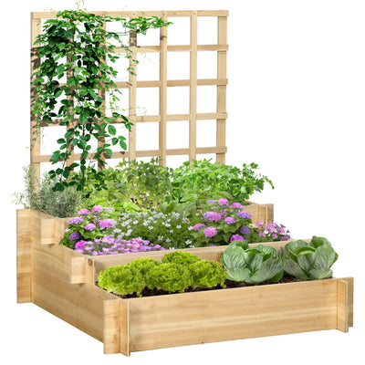 Outsunny 3 Tier Garden Planters with Trellis for Vine Climbing, Wooden Raised Beds, 95x95x110cm, Natural Tone 