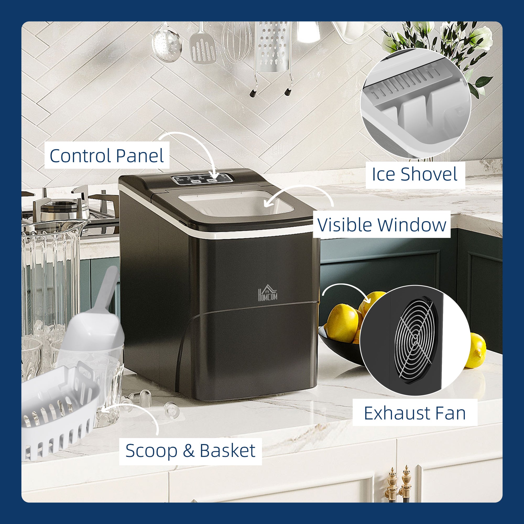 HOMCOM Portable Ice Maker Countertop, Bullet Ice Cube Machine, 9 Ice Cubes per 8 Minutes, Automatic Cleaning, Visible Window Scoop and Basket for Kitchen, Office, Bar, Black 