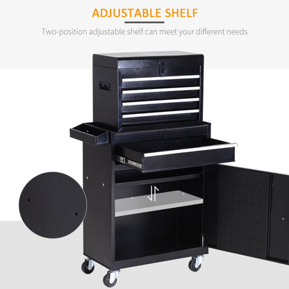 DURHAND Tool Chest 2 in 1 Metal Tool Cabinet Storage Box with 5 Drawers Pegboard Wheels 60x28x104.5cm Black 