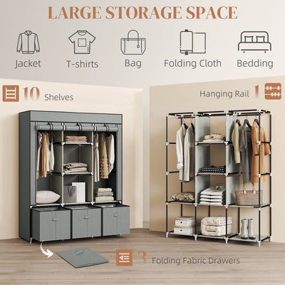 HOMCOM Fabric Wardrobe for Bedroom, Portable Wardrobe with 5 Shelves, 2 Hanging Rails and 3 Fabric Drawers, Foldable Closet, 125 x 43 x 162.5cm, Light Grey 
