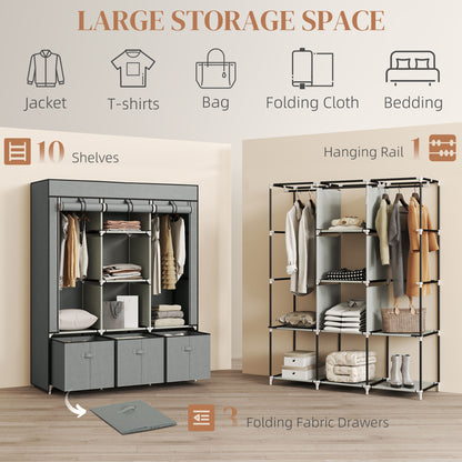 HOMCOM Fabric Wardrobe for Bedroom, Portable Wardrobe with 5 Shelves, 2 Hanging Rails and 3 Fabric Drawers, Foldable Closet, 125 x 43 x 162.5cm, Light Grey