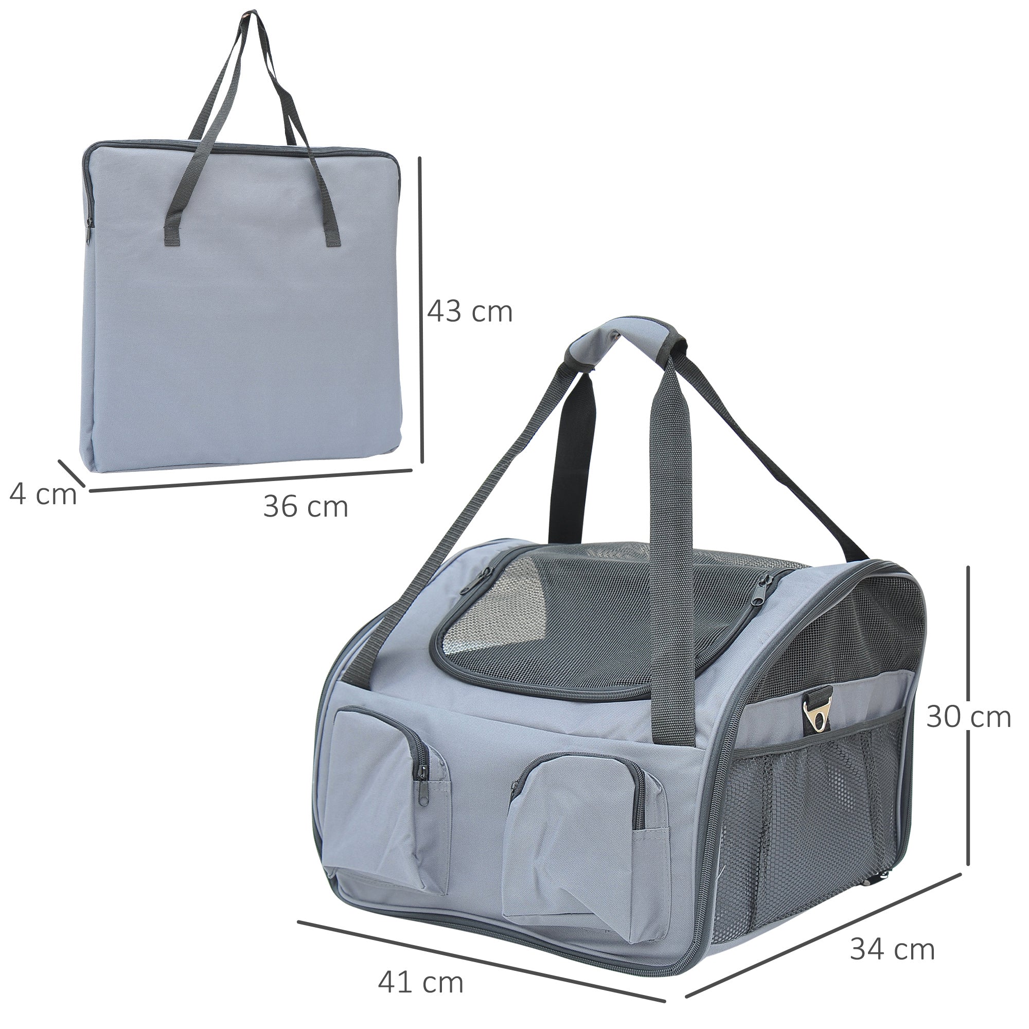 PawHut Pet Carrier Folding Bag Car Seat Cat Dog Puppy Kennel Portable Travel Cage Tote Case Mesh Holder House Grey 
