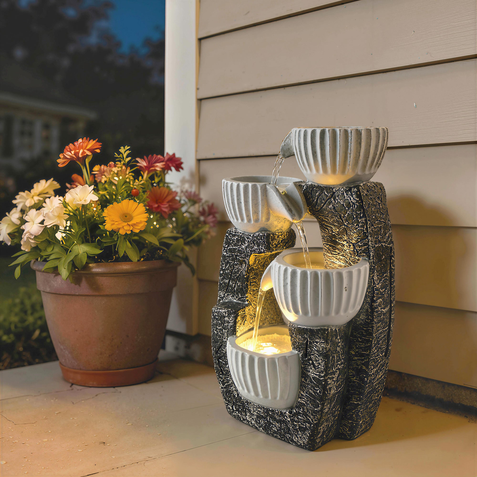 Outsunny 4-Tier Bowl Water Feature, Indoor Outdoor Garden Water Fountain with Pump and LED Lights, Resin Cascading Waterfall 
