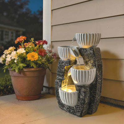 Outsunny 4-Tier Bowl Water Feature, Indoor Outdoor Garden Water Fountain with Pump and LED Lights, Resin Cascading Waterfall 