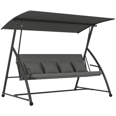 Outsunny Outdoor 2-in-1 Swing Chair Lounger 3 Seater Garden Swing Seat Bed Convertible Tilt Canopy W/ Cushion, Dark Grey 