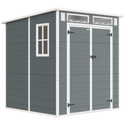 Outsunny 6 x 6 ft Plastic Garden Shed, Wood-Effect Outdoor Storage Shed with Floor, Windows, Lockable Doors and Vents, Grey 