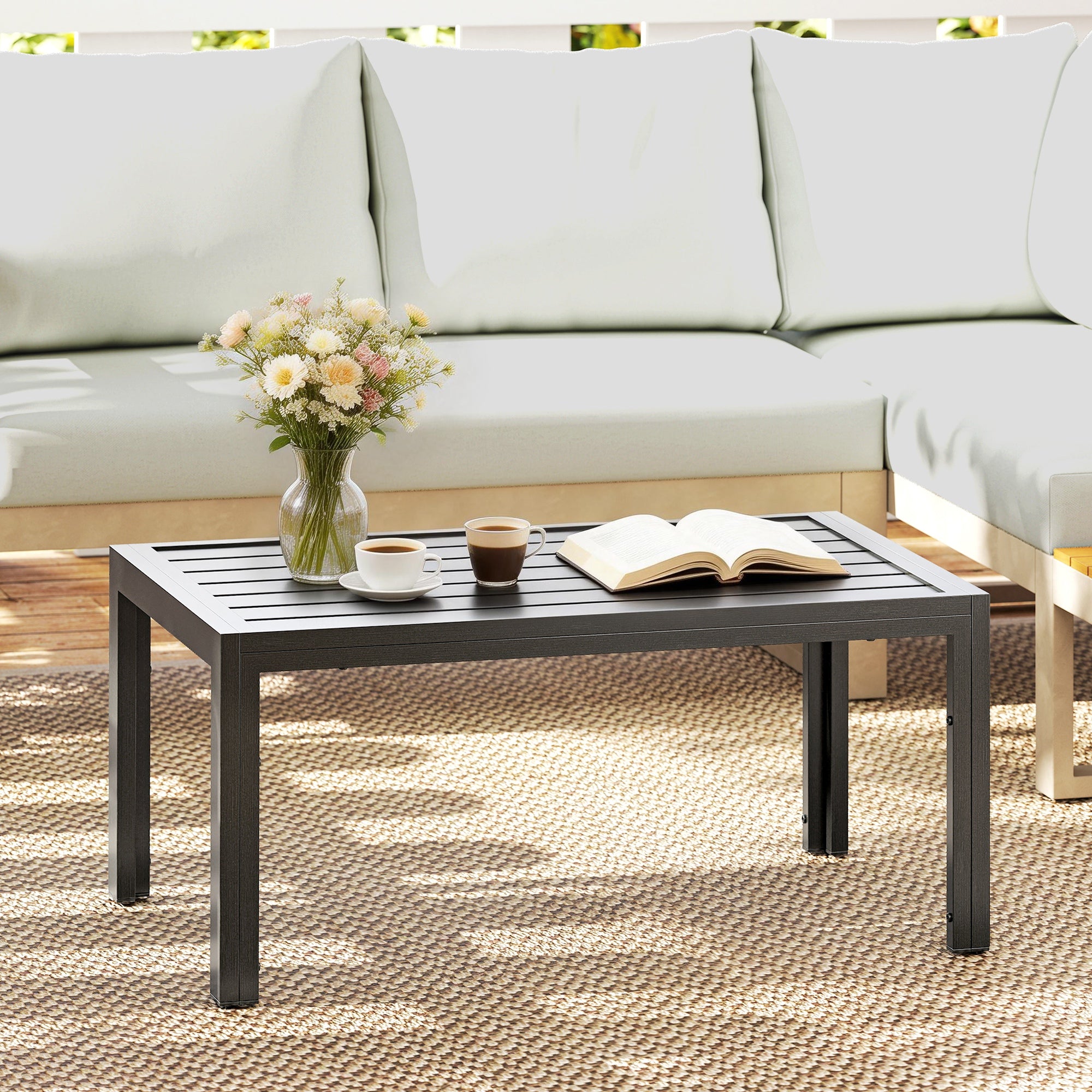 Outsunny Outdoor Side Table, Rectangular Patio Coffee Side Table with Steel Frame and Slat Tabletop for Garden, Balcony, Grey 