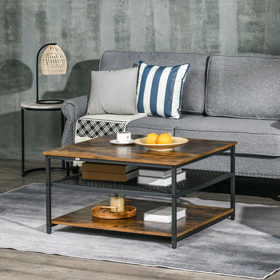 HOMCOM Coffee Table, Living Room Table with 3-Tier Storage Shelves, Square Tea Table for Home Office, Rustic Brown 
