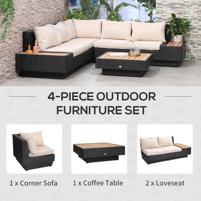Outsunny 4 PCs Rattan Garden Furniture Outdoor Sectional Corner Sofa and Coffee Table Set  Conservatory Wicker Weave Furniture with Armrest and Cushions - Black 