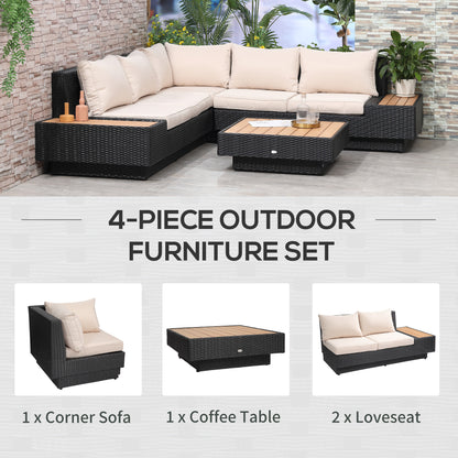 Outsunny 4 PCs Rattan Garden Furniture Outdoor Sectional Corner Sofa and Coffee Table Set  Conservatory Wicker Weave Furniture with Armrest and Cushions - Black 
