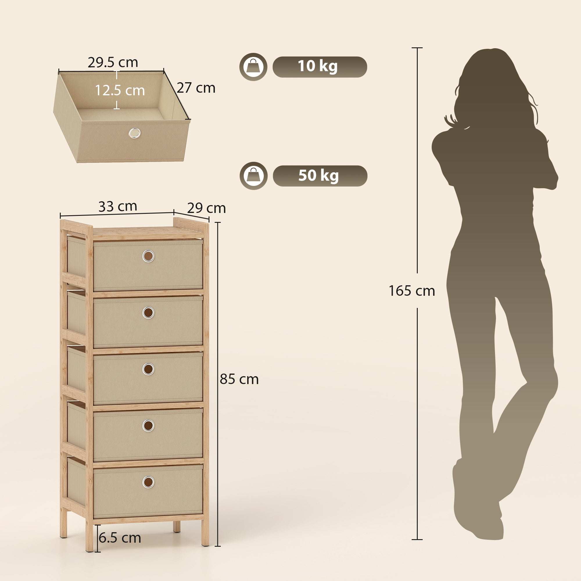HOMCOM Chest of Drawers, 5 Fabric Drawers Narrow Dresser with Bamboo Frame, Cream White 