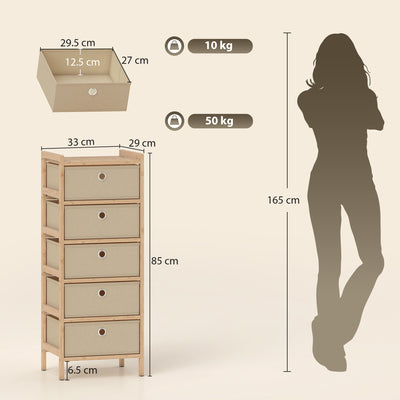 HOMCOM Chest of Drawers, 5 Fabric Drawers Narrow Dresser with Bamboo Frame, Cream White 