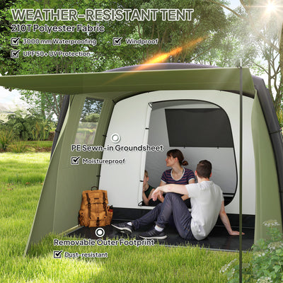 Outsunny Inflatable 3-4 Man Tunnel Tent w/ Air Pump, Living Area & Vestibule, Waterproof Family Camping Air Tent w/ Sewn In Groundsheet & Removable Footprint for Camping, Hiking, Olive Green 