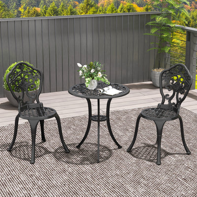 Outsunny 3 Piece Cast Aluminium Garden Bistro Set for 2 with Parasol Hole, Outdoor Coffee Table Set, Two Armless Chairs and Round Coffee Table for Balcony, Patio, Black 