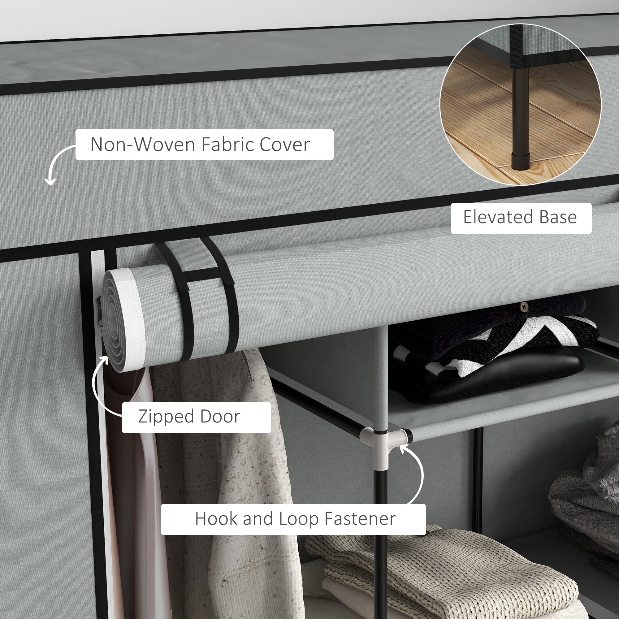 HOMCOM Fabric Wardrobe for Bedroom, Portable Cloth Wardrobe with 10 Compartments, 2 Hanging Rails and 4 Fabric Drawers, 166 x 42.5 x 169.5cm, Dark Grey 