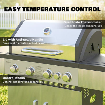 Outsunny 4+1 Burner Gas BBQ Grill, Portable Gas Barbecue Grill with Side Burner, Warming Rack, Side Shelf, Storage Cabinet 