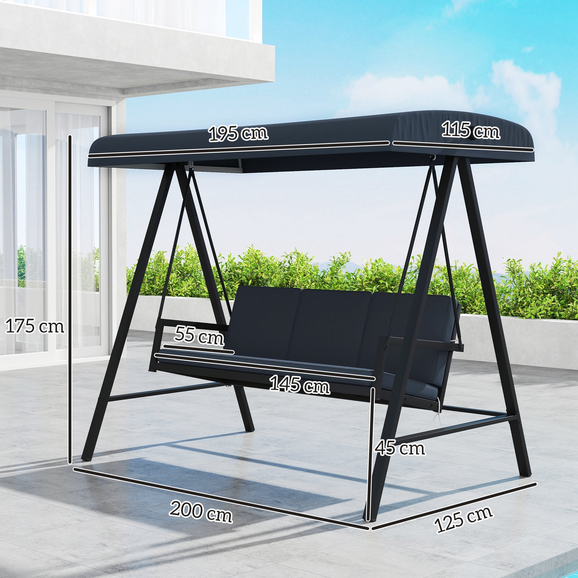 Outsunny Three-Seat Garden Swing Chair, with Adjustable Canopy - Dark Grey 