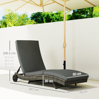 Outsunny Patio Wicker Chaise Lounge Chair, Outdoor PE Rattan Sun Lounger with Adjustable Backrest and 2 Wheels, Dark Grey 