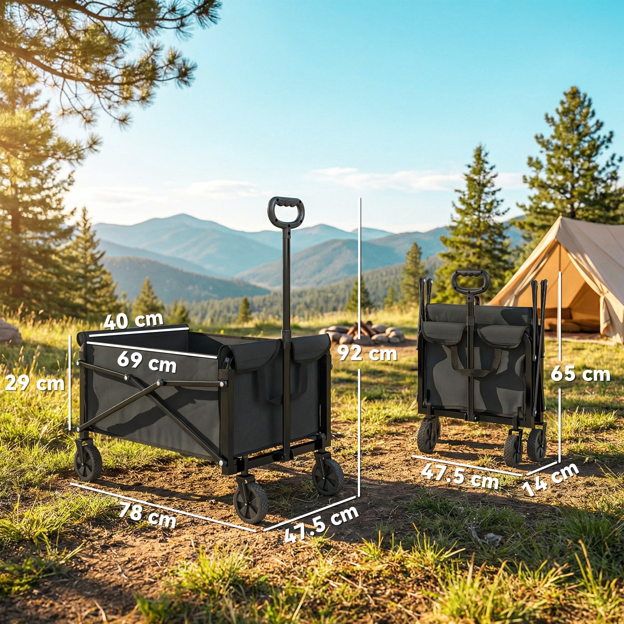 Outsunny 81L Festival Trolley on Wheels, Compact Garden Folding Trolley Cart with Adjustable Handle 80L Black 