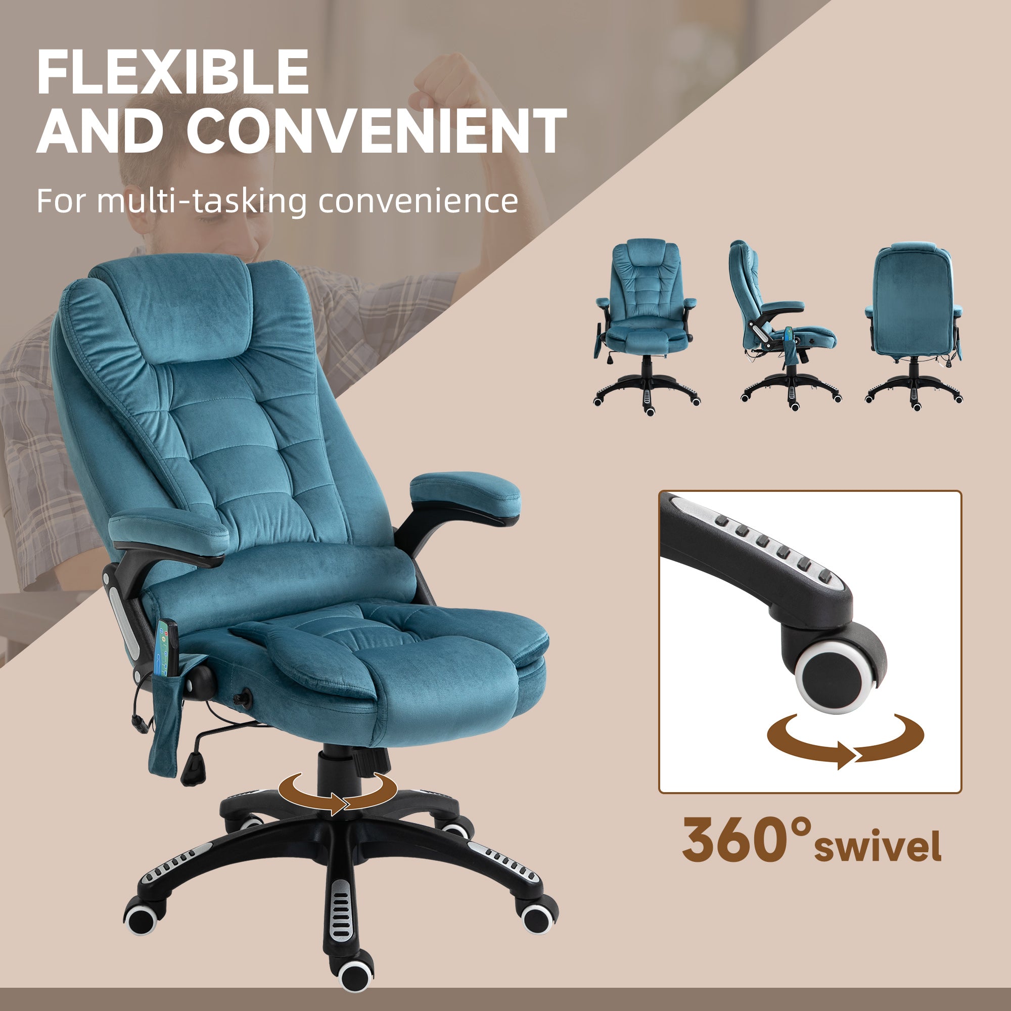 Vinsetto Massage Recliner Chair Heated Office Chair with Six Massage Points Velvet-Feel Fabric 360\'c2\'b0 Swivel Wheels Blue