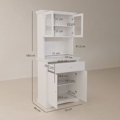 HOMCOM 4-Door Kitchen Cupboard with Drawer, Freestanding Kitchen Cabinet with Glass Doors, Adjustable Shelves and Open Counter, White