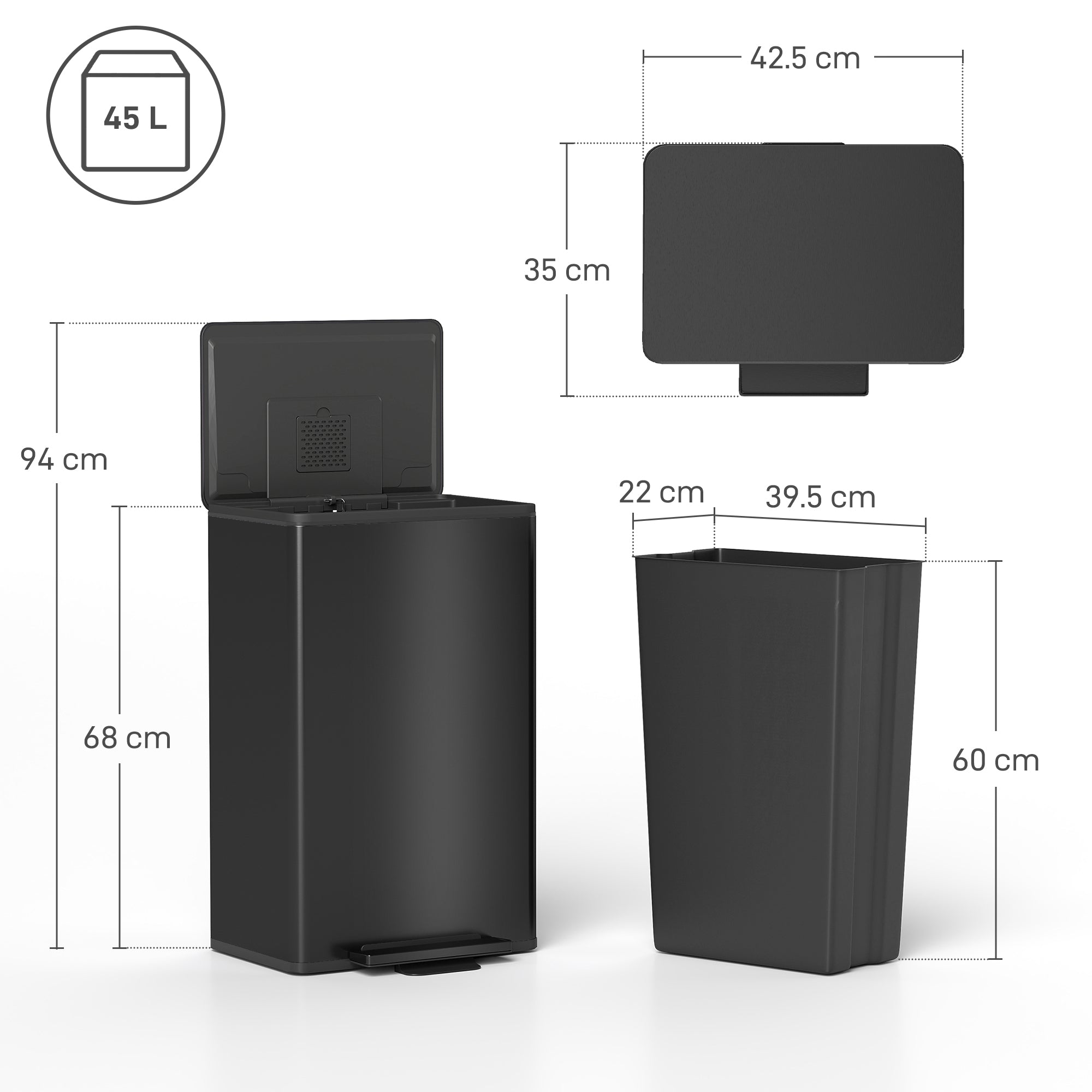 HOMCOM 45L Kitchen Bin, Pedal Bin with Soft-Close and Stay-Open Lid, Removable Inner Bucket, Odor Control for Kitchen, Office 