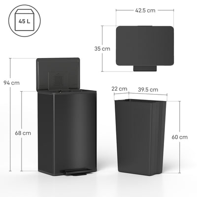 HOMCOM 45L Kitchen Bin, Pedal Bin with Soft-Close and Stay-Open Lid, Removable Inner Bucket, Odor Control for Kitchen, Office 