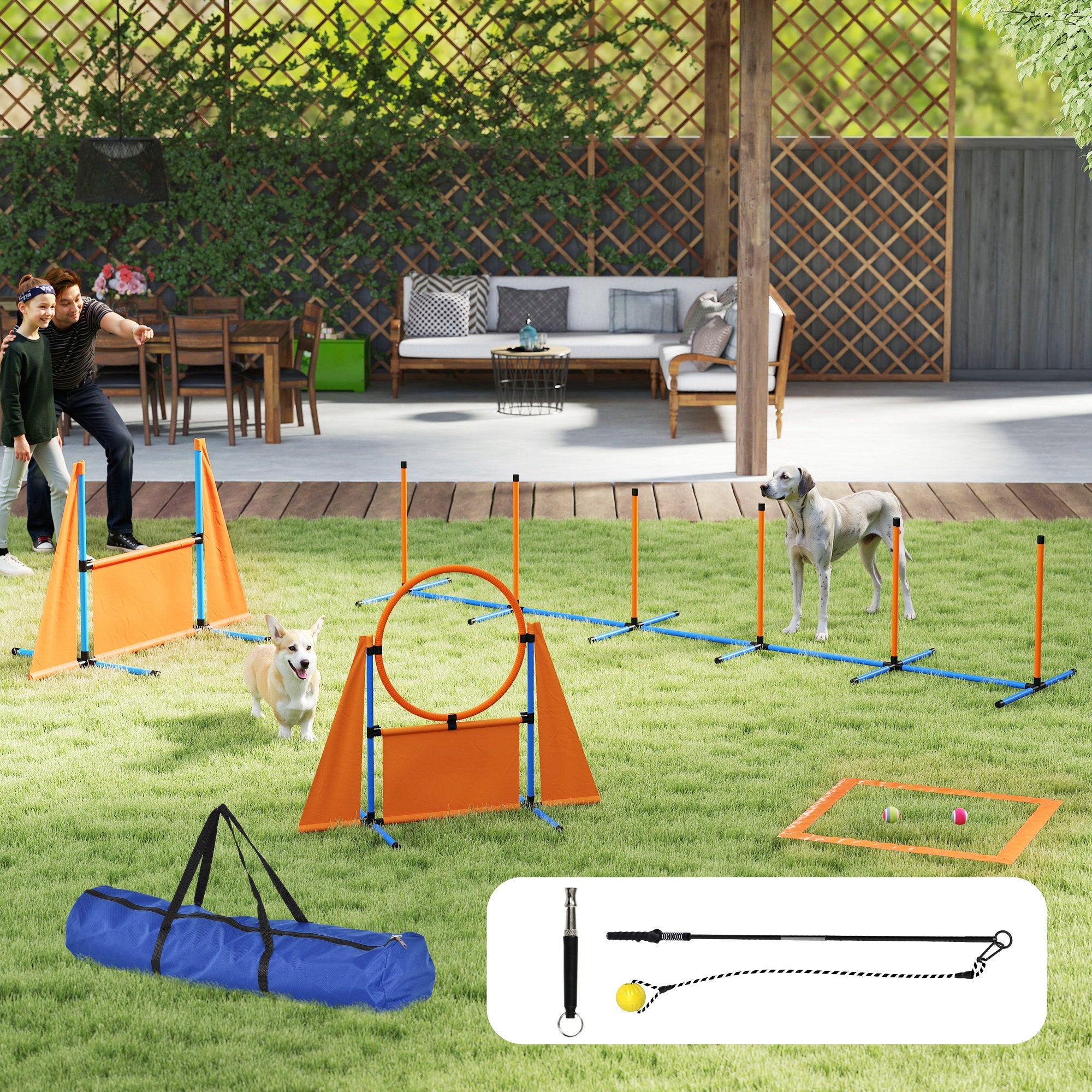 PawHut 7-Piece Dog Agility Equipment Set with Weave Poles, Jump Ring and Hurdle, Pause Box and Carry Bag, Orange 