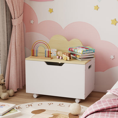 AIYAPLAY Toy Box with Lid, Toy Chest with Wheels and Safety Hinges, Toddler Storage Organiser for Playroom, Bedroom, White 