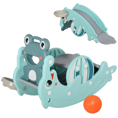 HOMCOM 3-in-1 Baby Rocking Horse Portable Slide Basketball Hoop Equipment Indoor Outdoor Playground Toy, Age 18-36 Months, Green 