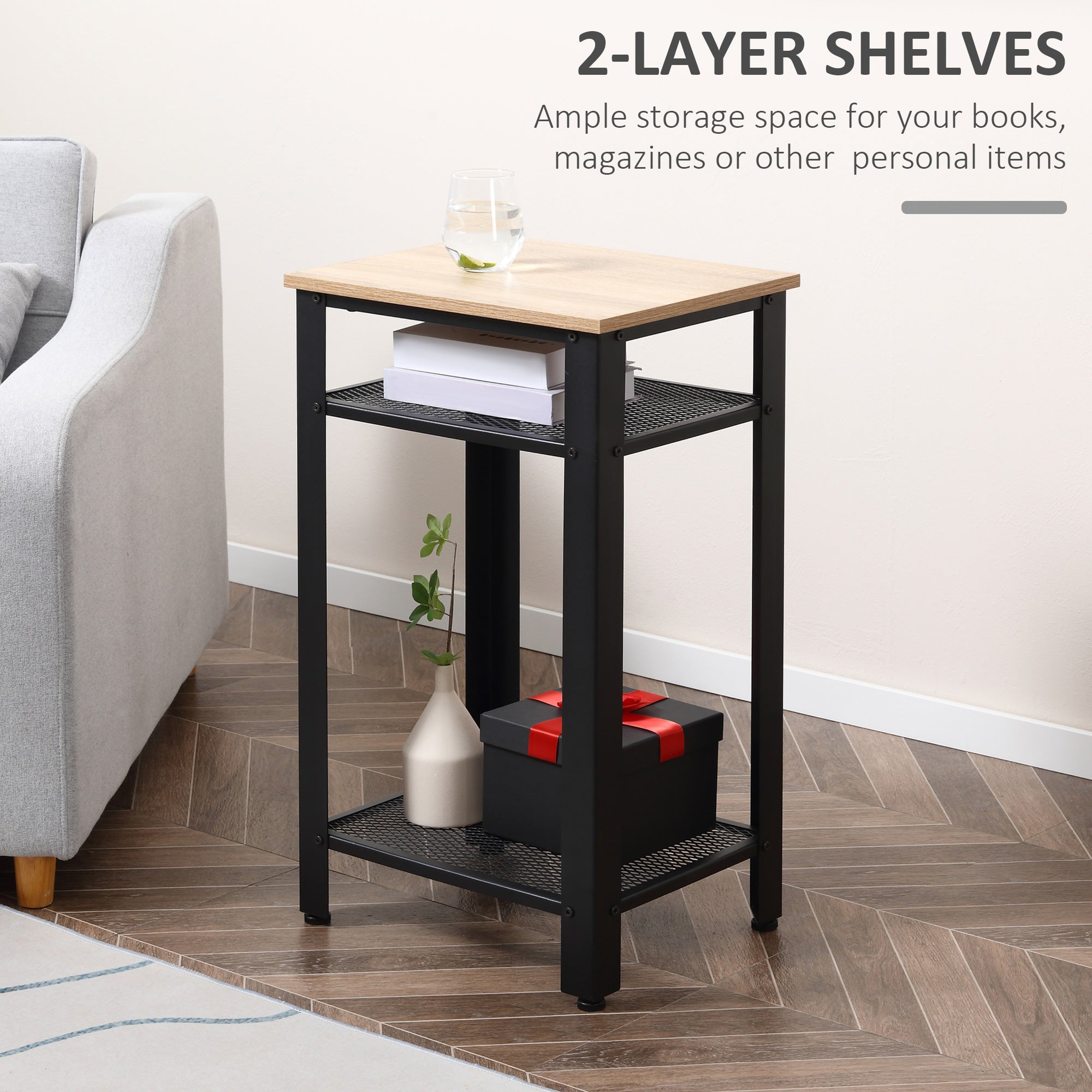 HOMCOM Tall Side Table with 3 Layer 2 Shelves Storage Display Industrial-Style Metal Frame Bedside End Table Nightstand for Living Room Bedroom Lounge 