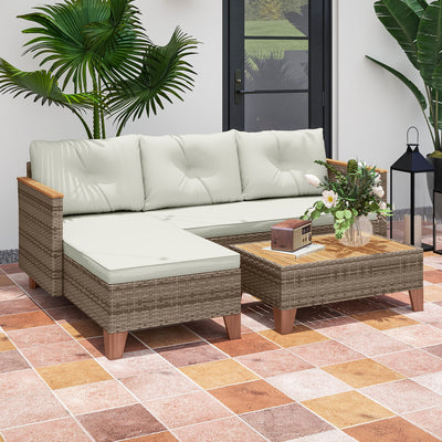 Outsunny 3 Pieces Rattan Garden Furniture Set, L Shaped Garden Conversation Chaise Lounge Furniture with Wood Top Coffee Table and Thick Cushions, Cream 
