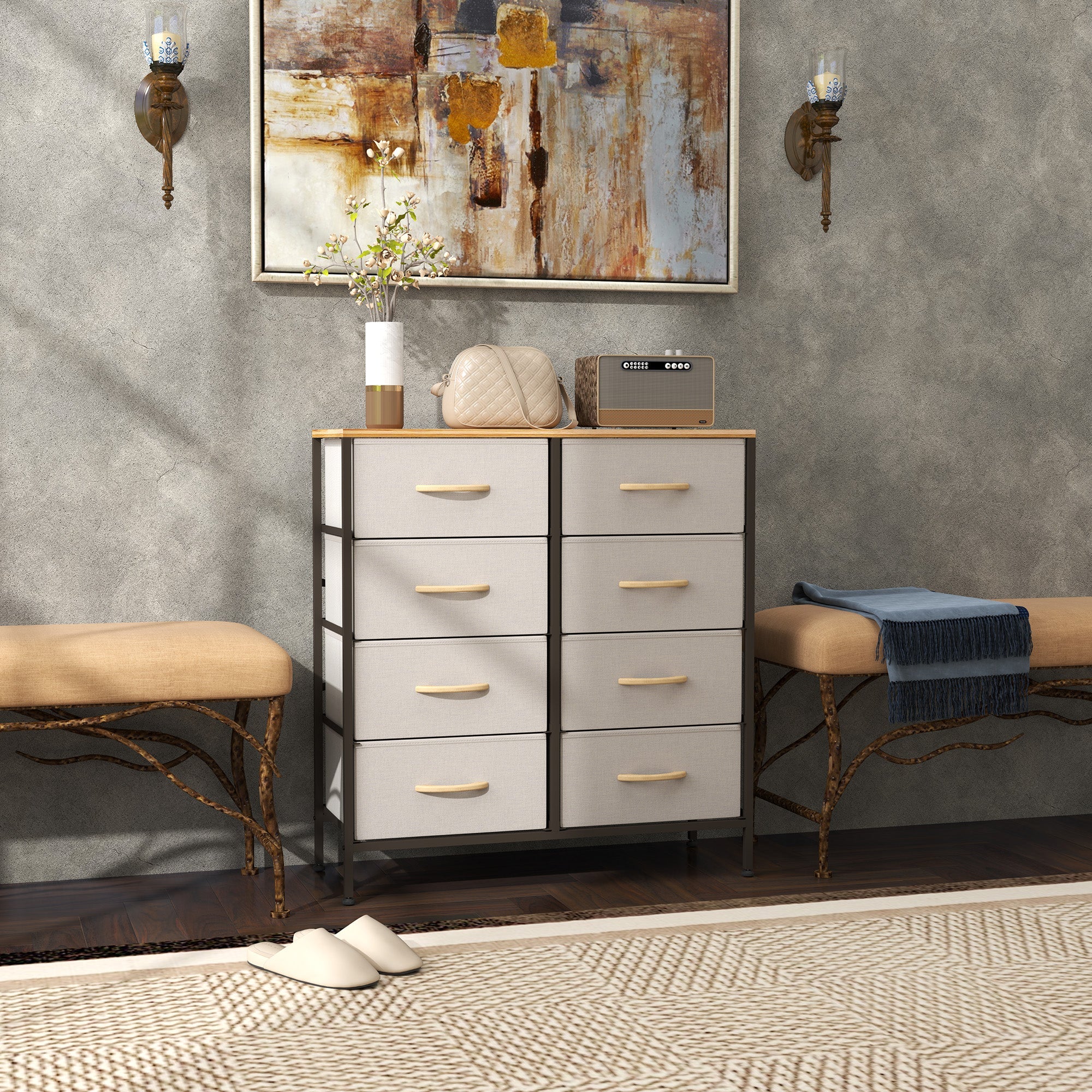 HOMCOM Fabric Chest of Drawers, Storage Drawers, Industrial Bedroom Dresser with 8 Fabric Drawers, Steel Frame and Wooden Top for Nursery, Living Room, Hallway, Cream White 