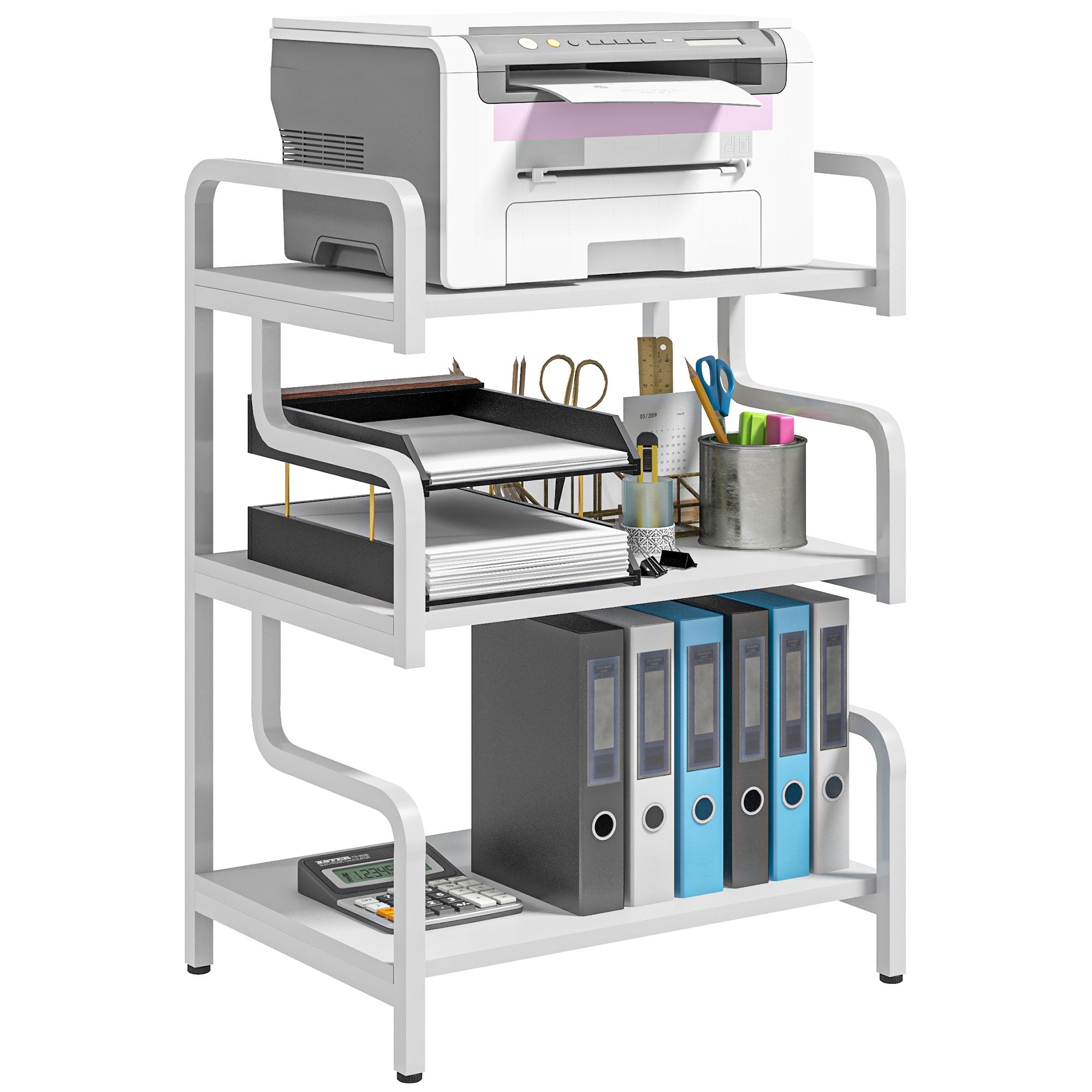HOMCOM 3-Tier Printer Stand with Storage Shelves, Printer Table, 55 x 40 x 77cm Printer Shelf for Home Office, Study, White 