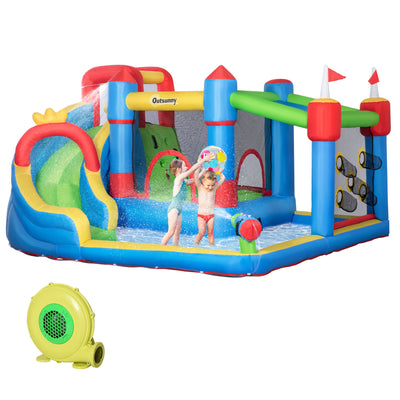 Outsunny Kids Inflatable Bouncy Castle Water Slide 6 in 1 Bounce House Jumping Castle Water Gun Climbing Wall with Air Blower for Age 3-8, 3.9 x 3 x 2m 