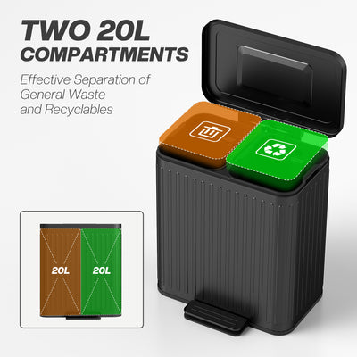 HOMCOM 40L Dual Compartment Rubbish Bin, with Soft-Close Lid - Black 