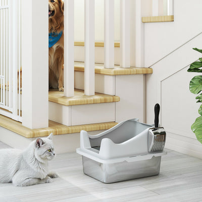 PawHut Stainless Steel Cat Litter Box with High Sides, Scoop, 43 x 33 x 25 cm 