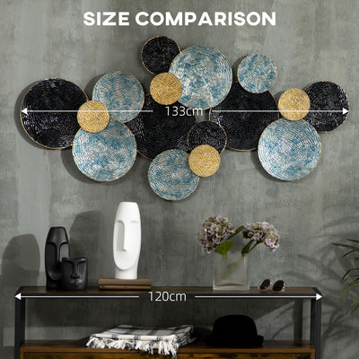 HOMCOM 3D Metal Wall Art Modern Circle Hanging Wall Sculptures Home Decor for Living Room Bedroom Dining Room, Blue Black Gold 