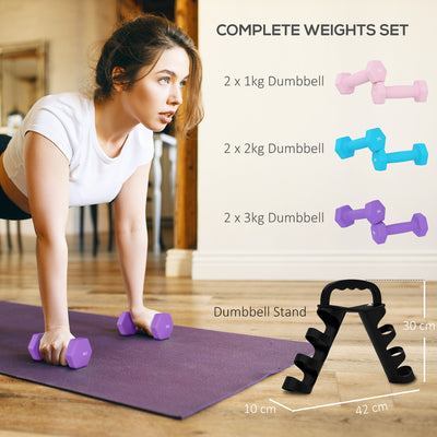 SPORTNOW Dumbbells Set with Storage Rack, 2 x 1kg, 2 x 2kg, 2 x 3kg, Pink 