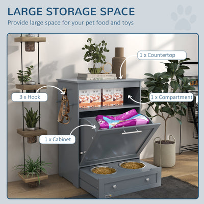 PawHut Pet Feeder Station, Dog, Cat Storage Container, with Raised Bowls, Hanger, Cabinet - Grey 