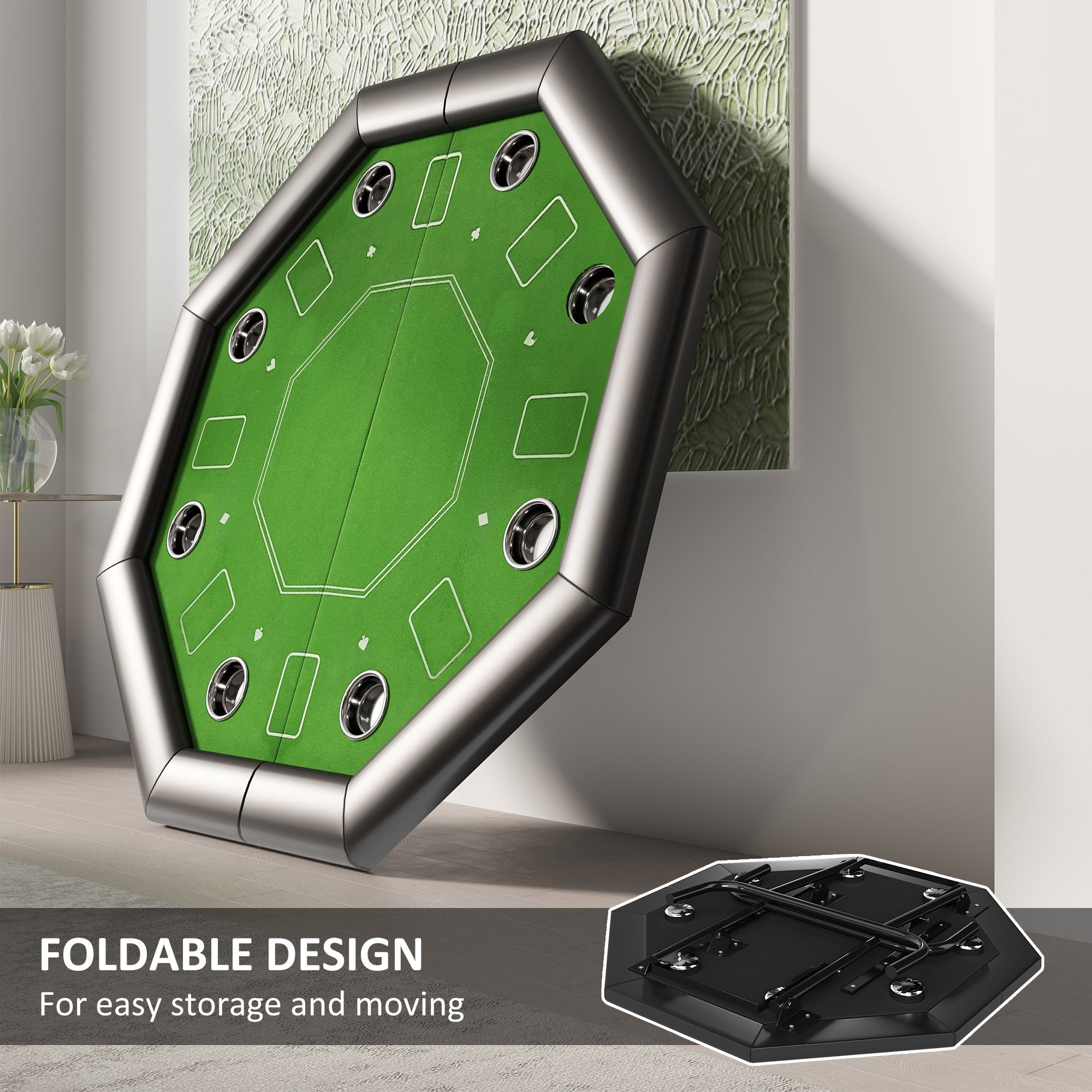 SPORTNOW 8 Player Folding Poker Table, Portable Octagon Blackjack Table with Cup Holders with Cup Holders, Padded Edge, Green 