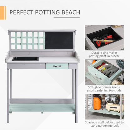 HOMCOM Garden Potting Table with Sink, Blackboard and Drawer, Wooden Planting Work Bench Workstation Outdoor Tool Storage Shelves 