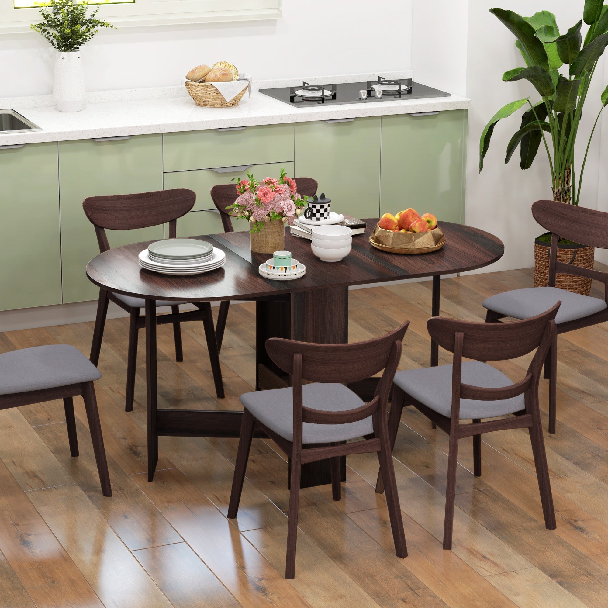 HOMCOM Folding Dining Table, Drop Leaf Table for Small Spaces, Oval Tabletop for Dining Room, Chocolate Wood Effect 